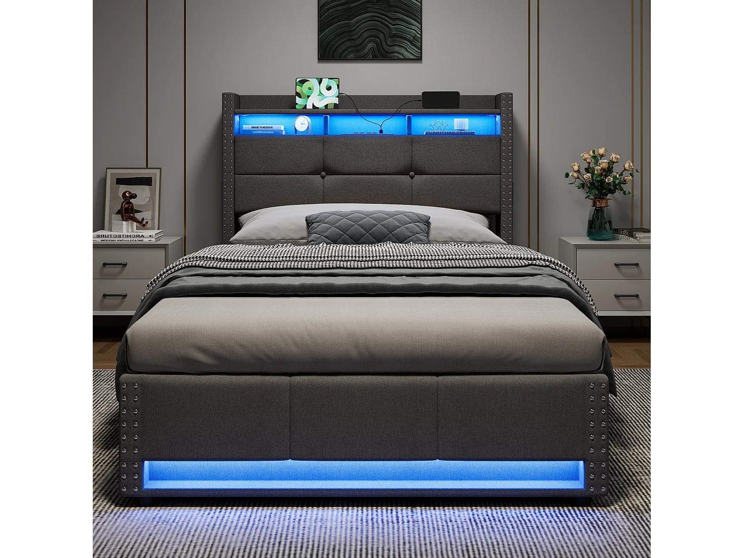 Łóżko z pojemnikiem 90x200 cm w szarym lnie z oświetleniem LED, hydraulicznym przechowywaniem, podnoszoną ramą, bez materaca