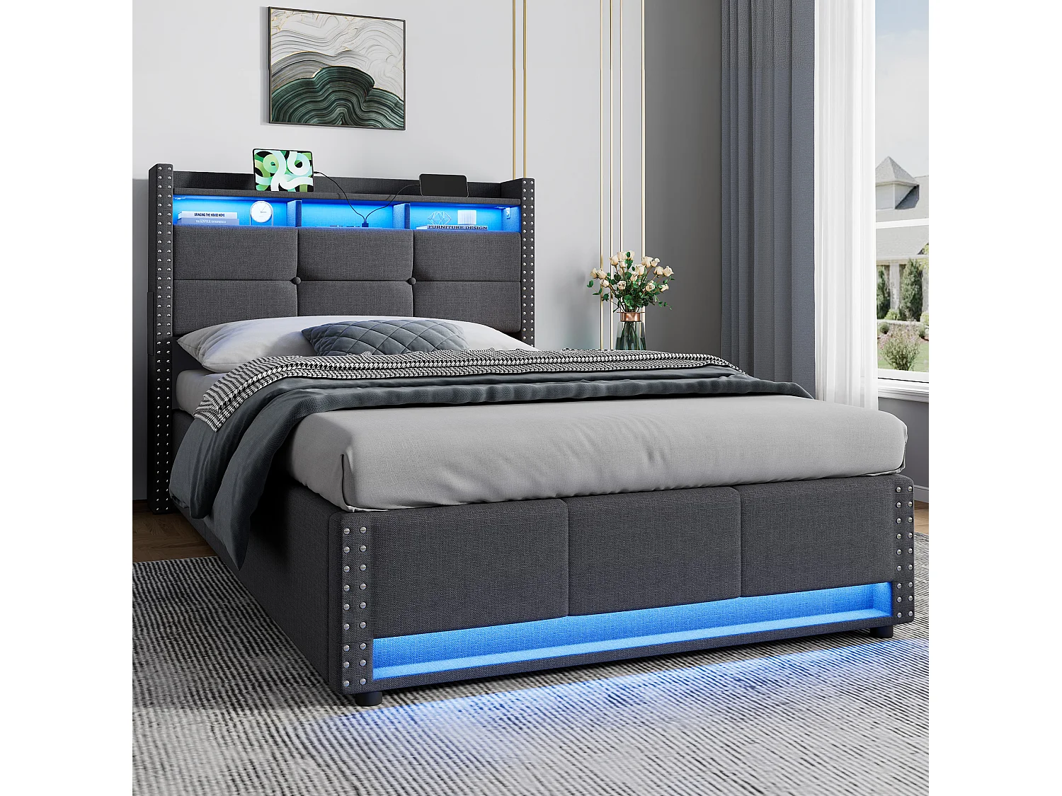 Łóżko z pojemnikiem 90x200 cm w szarym lnie z oświetleniem LED, hydraulicznym przechowywaniem, podnoszoną ramą, bez materaca
