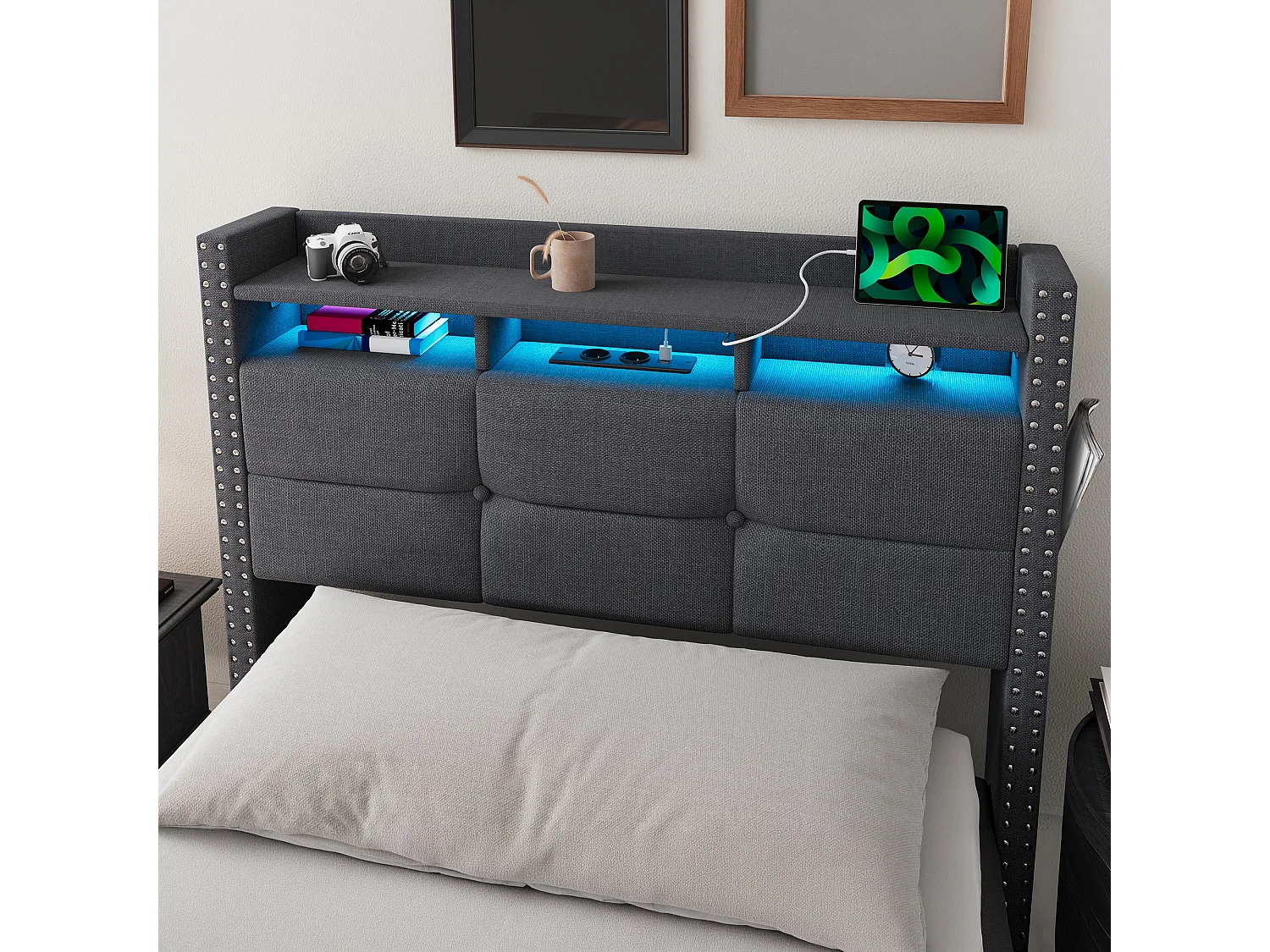 Łóżko z pojemnikiem 90x200 cm w szarym lnie z oświetleniem LED, hydraulicznym przechowywaniem, podnoszoną ramą, bez materaca