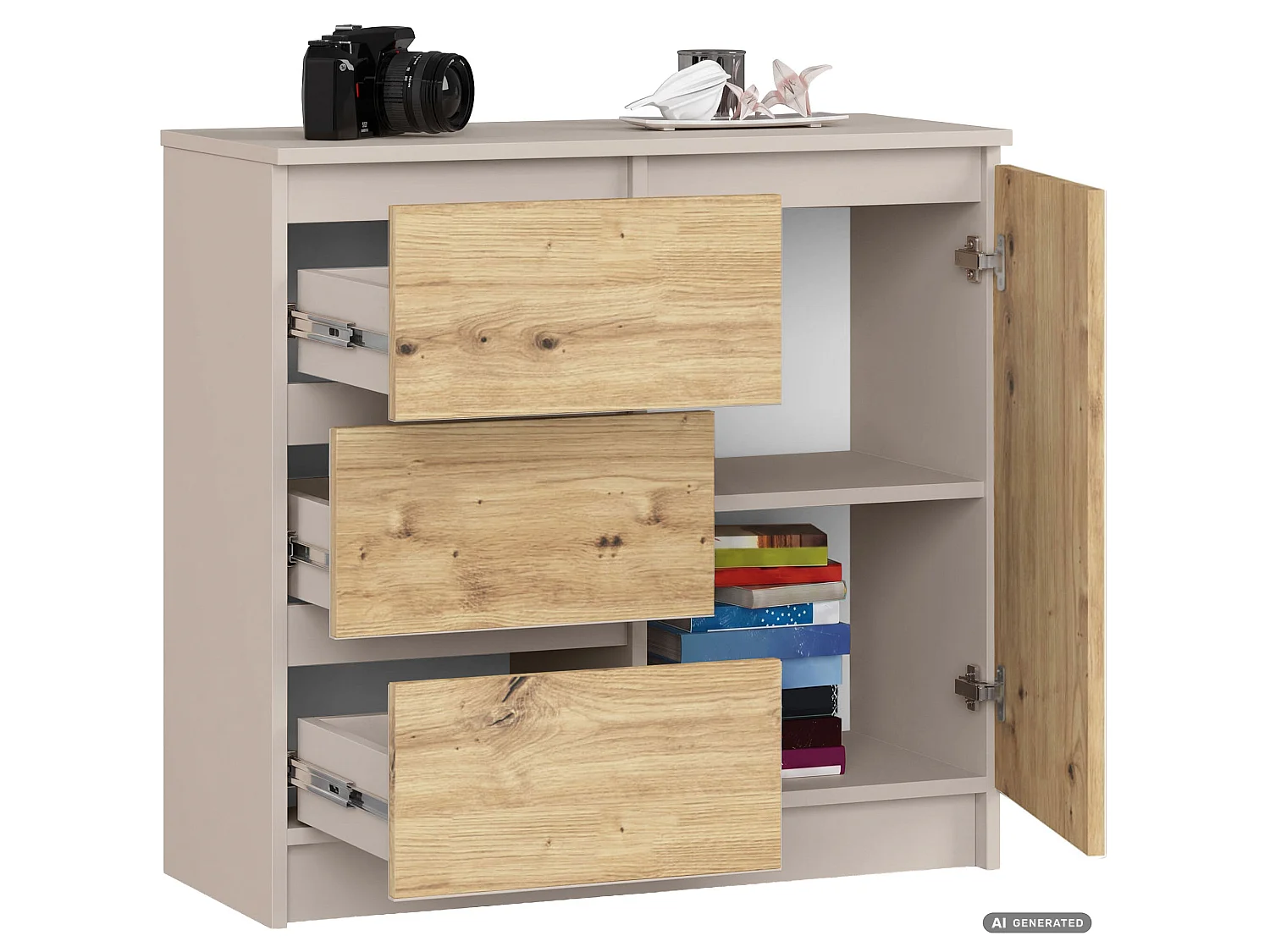 Commode JERRY Cachemire 80 cm 1 porte 3 tiroirs couleur Chêne Artisan mat 2 étagères 80x35x77 cm