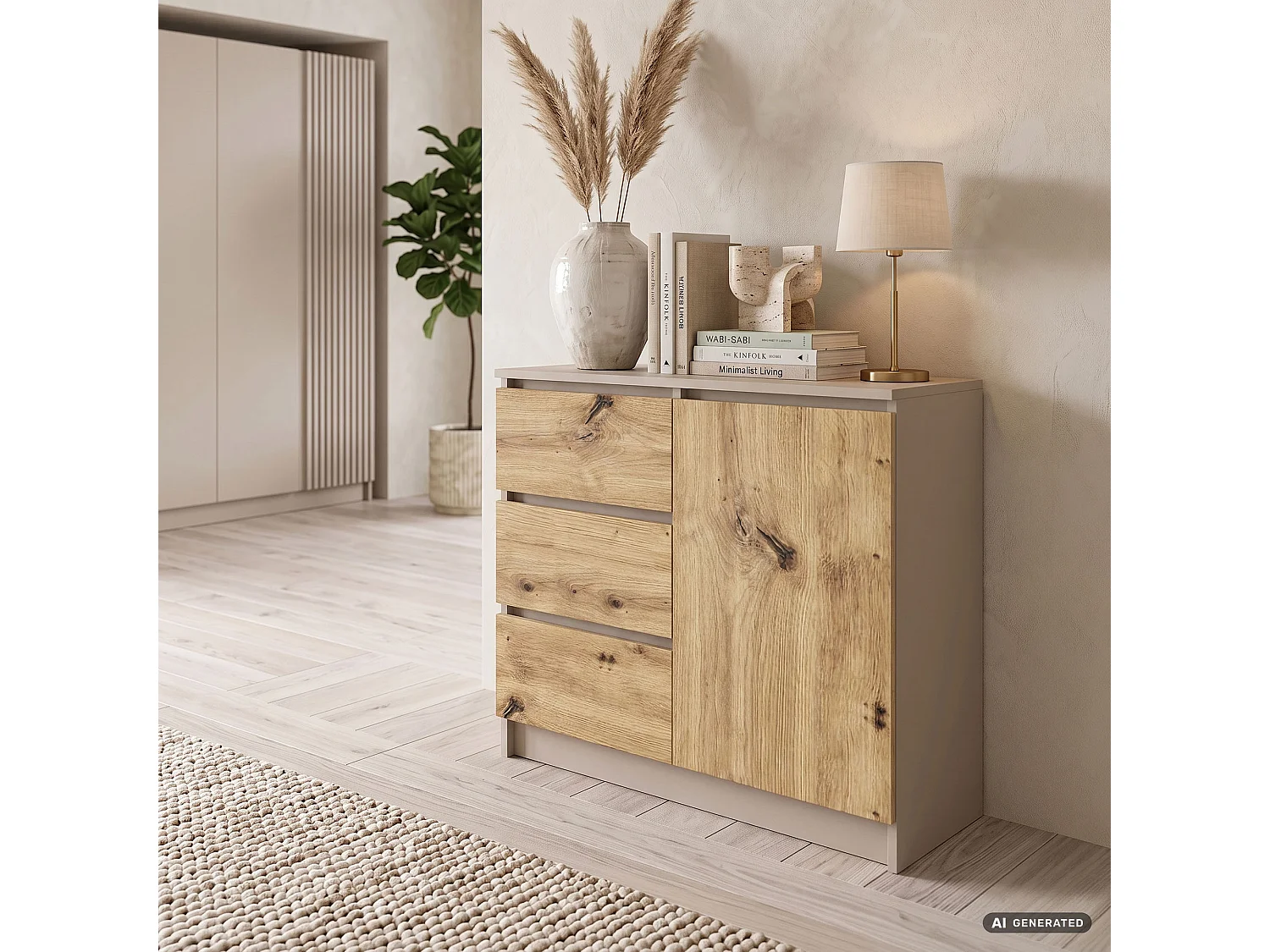 Commode JERRY Cachemire 80 cm 1 porte 3 tiroirs couleur Chêne Artisan mat 2 étagères 80x35x77 cm