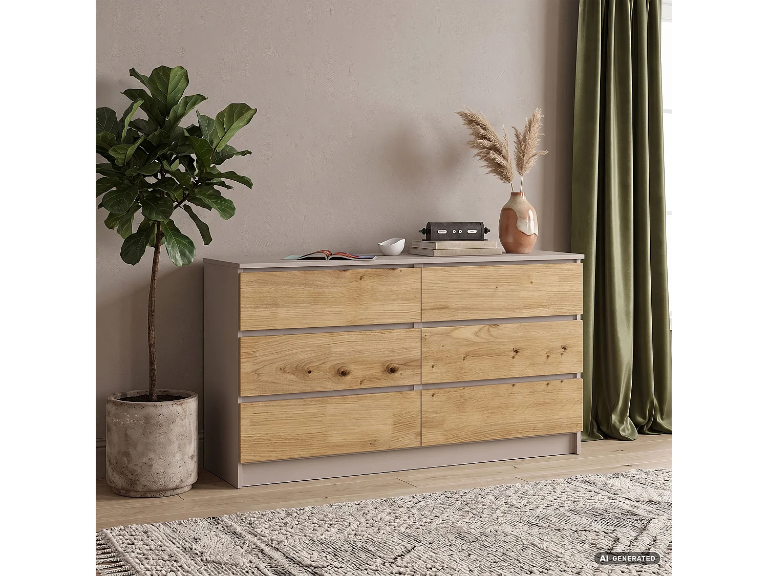 Commode K140 Cachemire 138 cm 6 tiroirs couleur Chêne Artisan mat 138x40x77 cm
