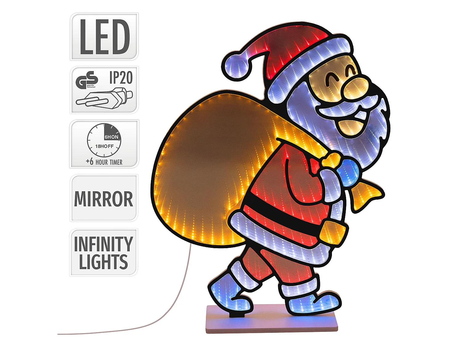 Décoration de Noël lumineuse avec effet miroir infini, figurine 3D double face, Père Noël LED avec sac, lampe décorative d'intérieur, minuterie