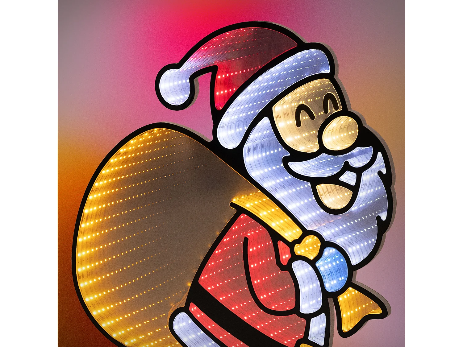 Décoration de Noël lumineuse avec effet miroir infini, figurine 3D double face, Père Noël LED avec sac, lampe décorative d'intérieur, minuterie