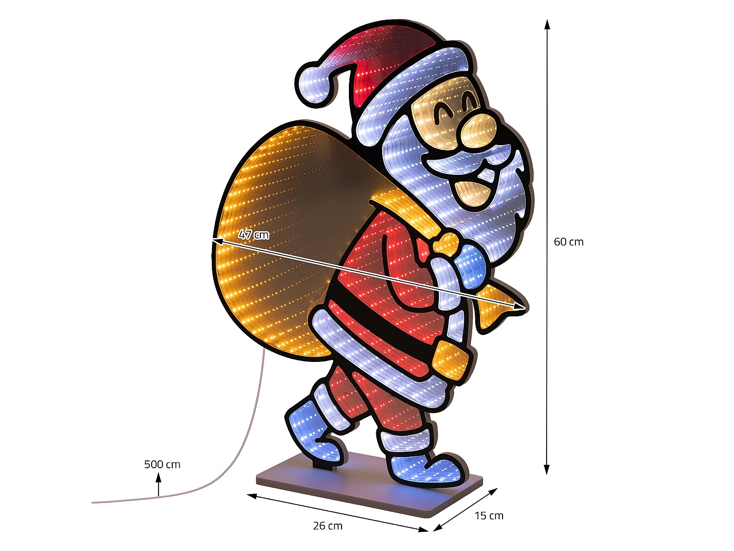 Décoration de Noël lumineuse avec effet miroir infini, figurine 3D double face, Père Noël LED avec sac, lampe décorative d'intérieur, minuterie
