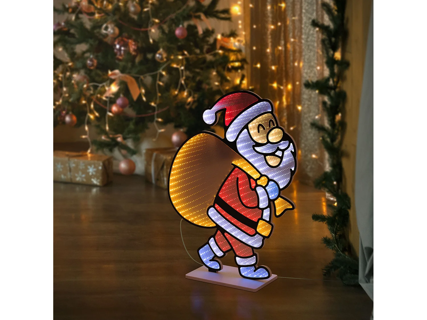 Décoration de Noël lumineuse avec effet miroir infini, figurine 3D double face, Père Noël LED avec sac, lampe décorative d'intérieur, minuterie