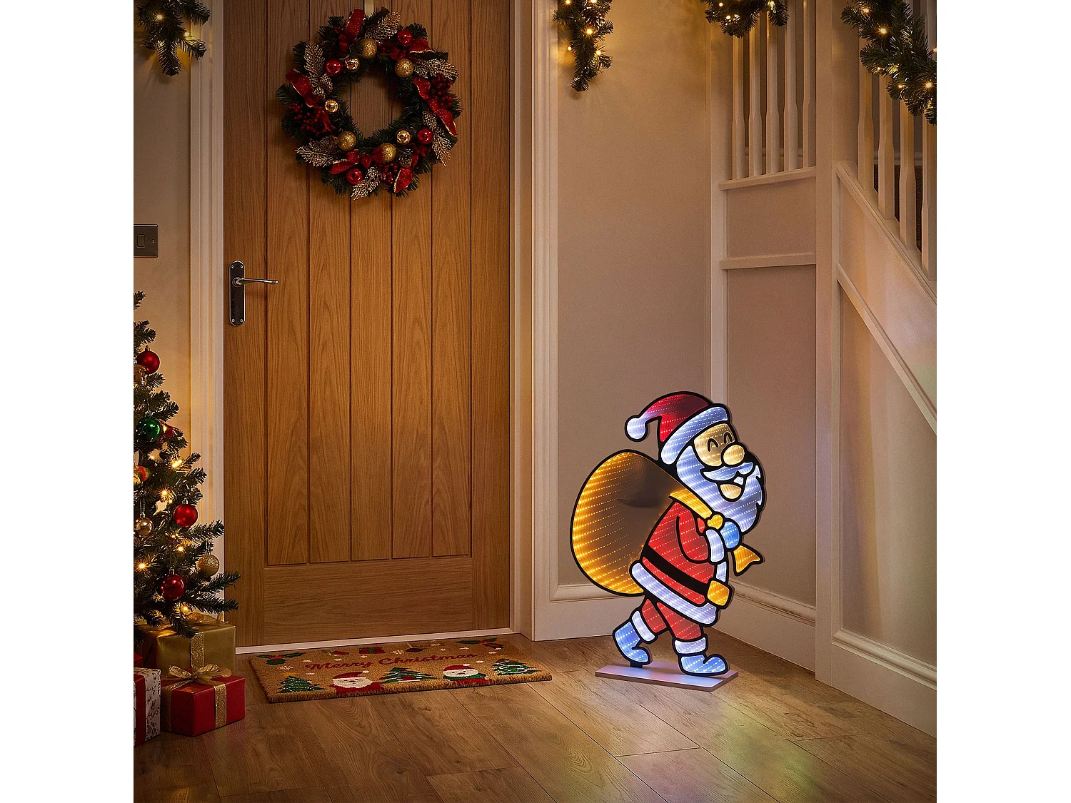 Décoration de Noël lumineuse avec effet miroir infini, figurine 3D double face, Père Noël LED avec sac, lampe décorative d'intérieur, minuterie
