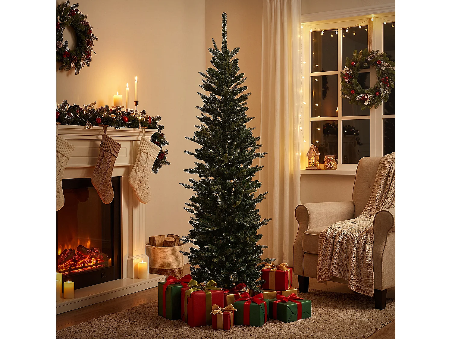 ECD Germany Albero di Natale Slim Artificiale 150 cm Decorazioni Natalizie Albero Natalizio Verde Realistico per Interni con Base Stabile e 689 Rami
