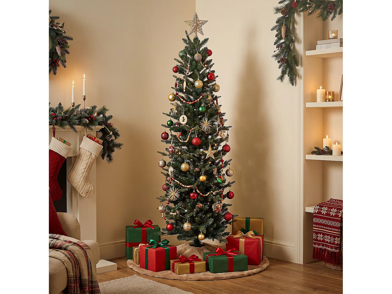 ECD Germany Albero di Natale Slim Artificiale 150 cm Decorazioni Natalizie Albero Natalizio Verde Realistico per Interni con Base Stabile e 689 Rami