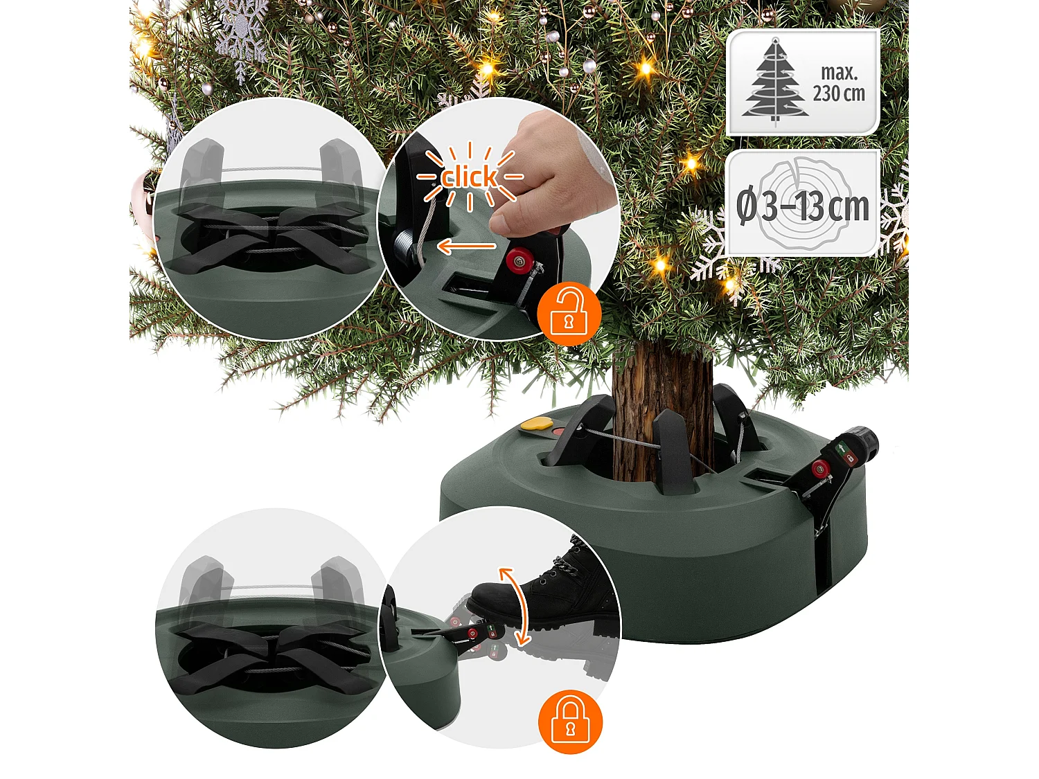 ECD Germany Soporte para árbol de navidad con depósito de agua y pedal, base para árboles de hasta 230 cm altura y tronco de 3-13 Ø cm