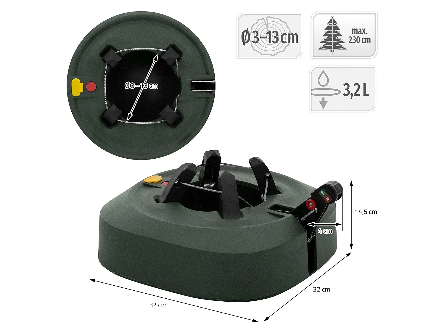 ECD Germany Soporte para árbol de navidad con depósito de agua y pedal, base para árboles de hasta 230 cm altura y tronco de 3-13 Ø cm