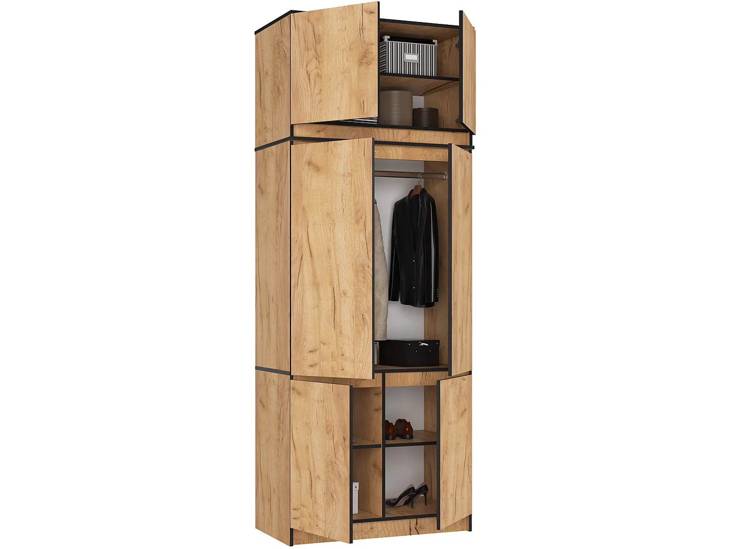 Kledingkast S90 met Opzetkast / Craft Eiken / 90 cm / 6 Deuren / 90 x 51 x 235 cm