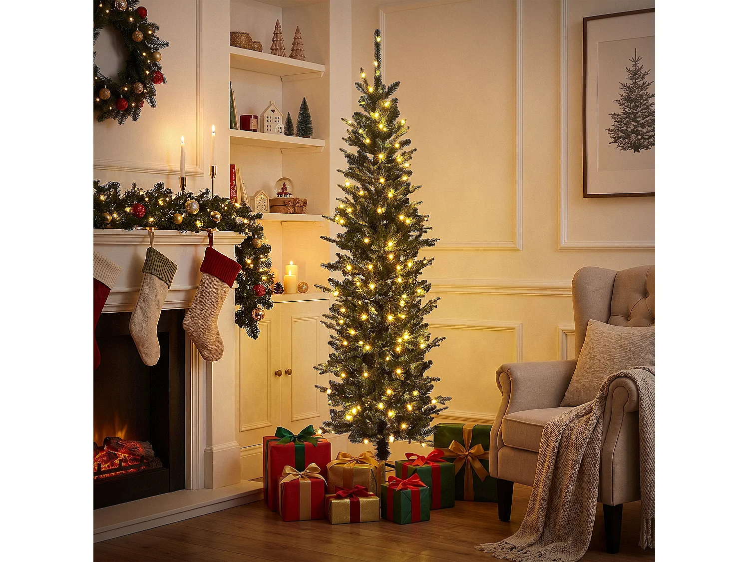 ECD Germany Albero di Natale Slim Artificiale 180 cm con 190 LED Decorazioni Natalizie Albero Verde Realistico per Interni con Base Stabile e 933 Rami