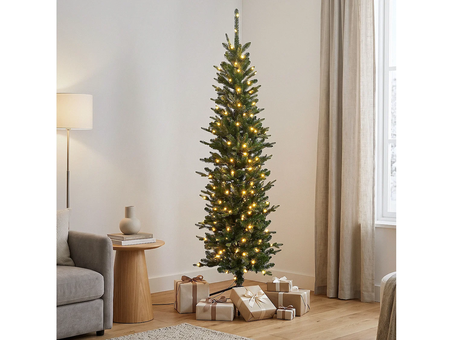 ECD Germany Albero di Natale Slim Artificiale 180 cm con 190 LED Decorazioni Natalizie Albero Verde Realistico per Interni con Base Stabile e 933 Rami