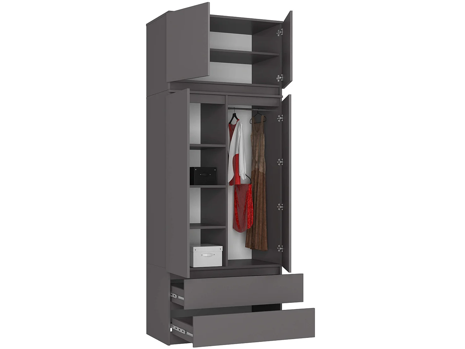 Kledingkast S90 met Opzetkast / Grafietgrijs / 90 cm / 2 Deuren / 2 Laden / 90 x 51 x 234 cm