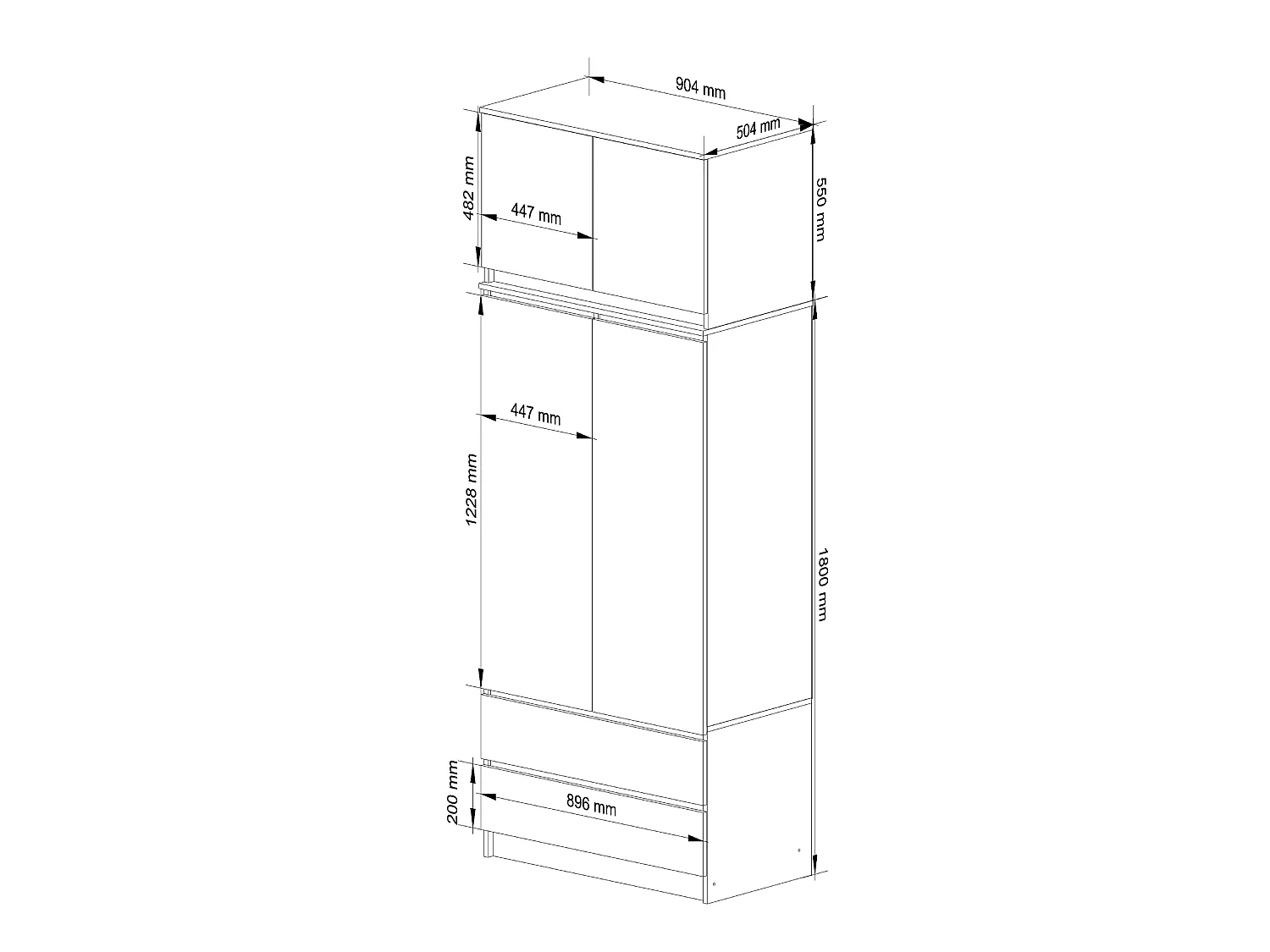 Kledingkast S90 met Opzetkast / Grafietgrijs / 90 cm / 2 Deuren / 2 Laden / 90 x 51 x 234 cm