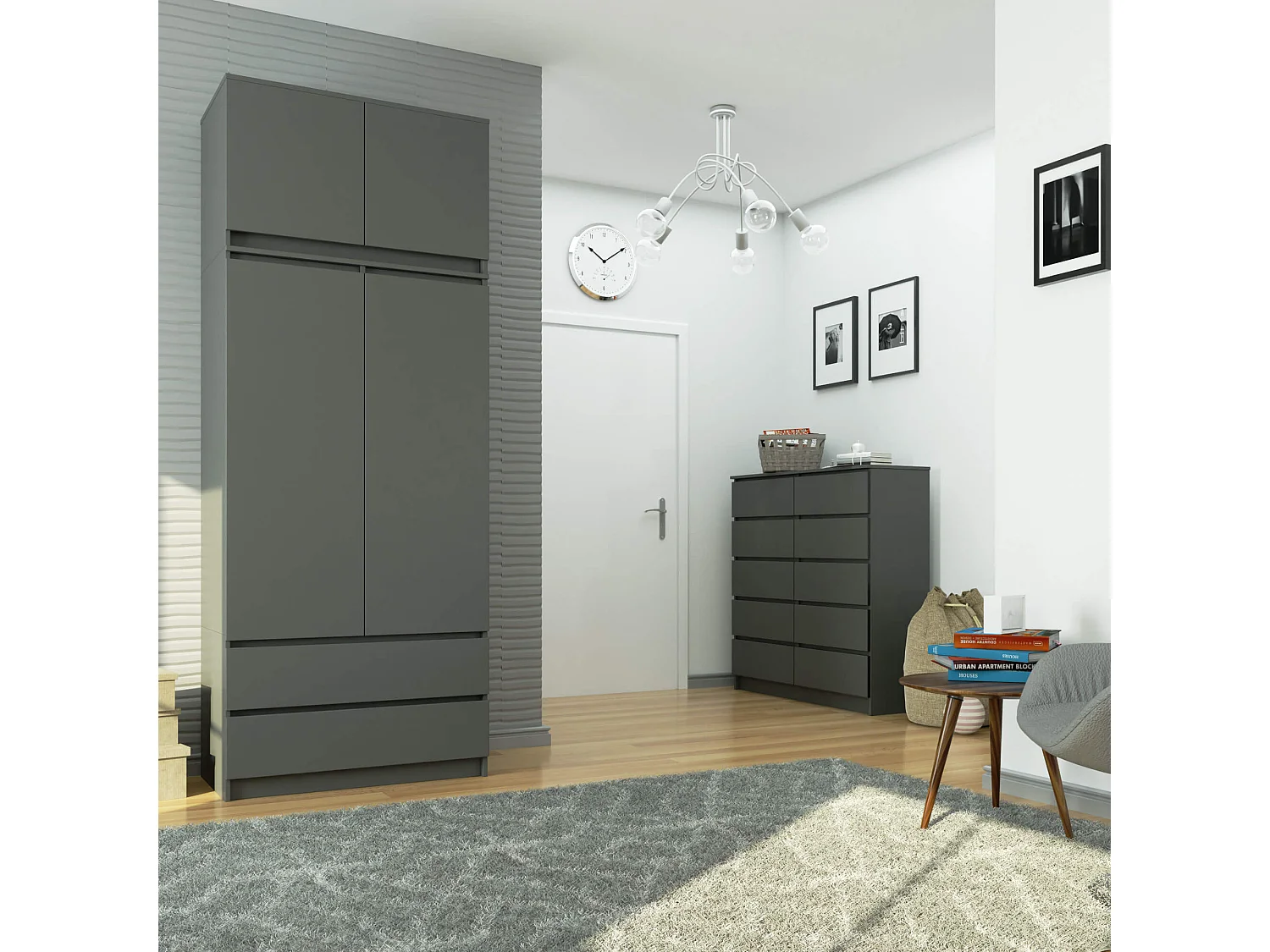 Kledingkast S90 met Opzetkast / Grafietgrijs / 90 cm / 2 Deuren / 2 Laden / 90 x 51 x 234 cm