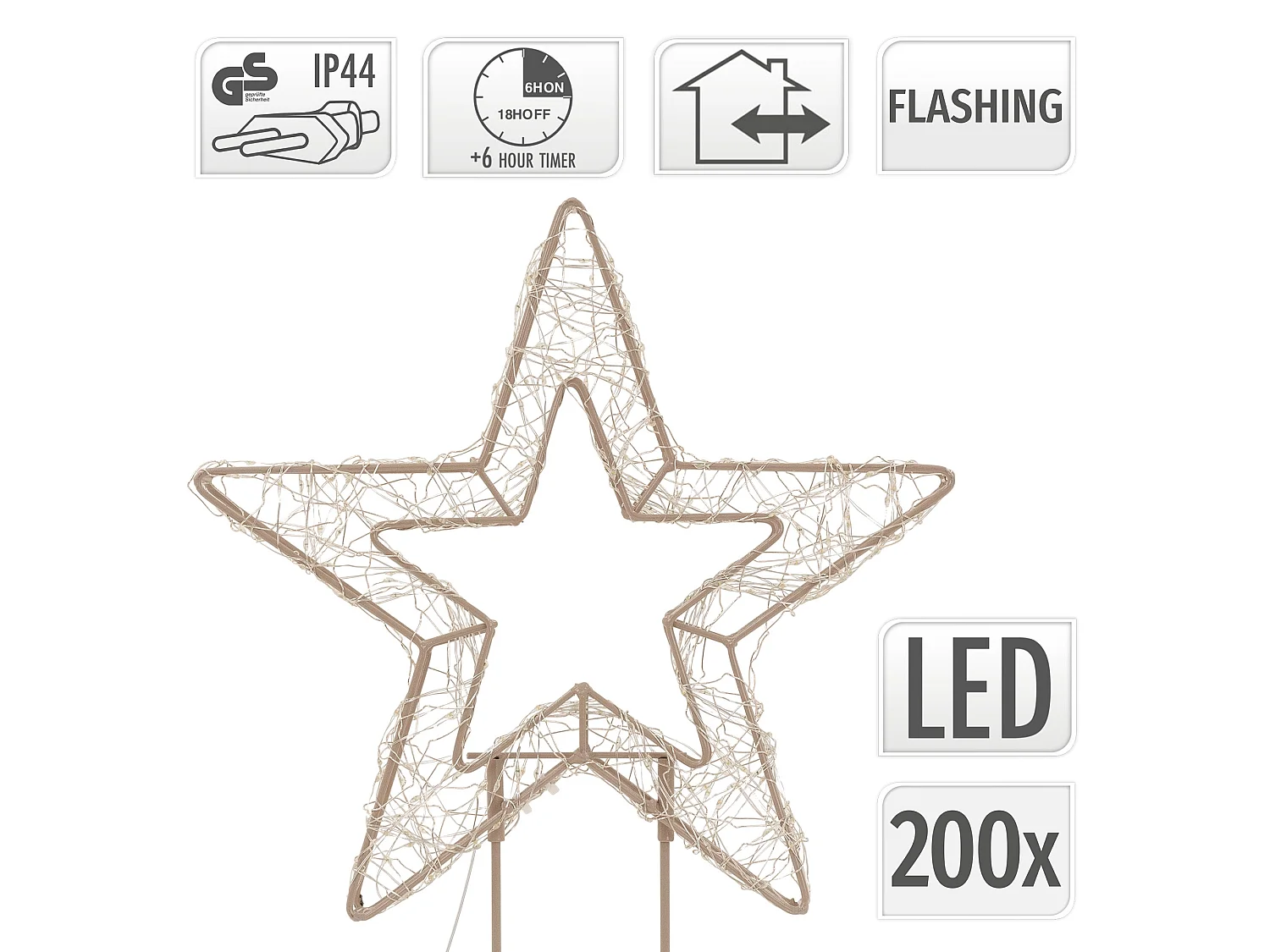 Décoration de Noël, étoile lumineuse sur pied 37 cm, 200 LED lumière blanc chaud, silhouette décorative à poser, intérieur et extérieur, minuterie