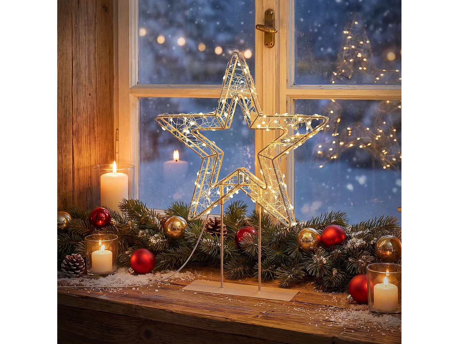 Décoration de Noël, étoile lumineuse sur pied 37 cm, 200 LED lumière blanc chaud, silhouette décorative à poser, intérieur et extérieur, minuterie