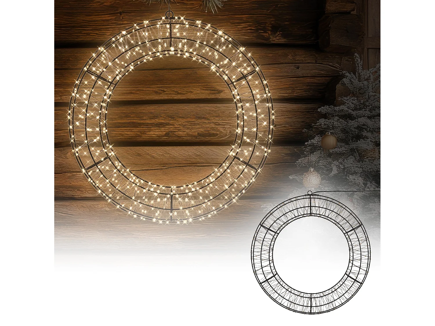 Couronne lumineuse de Noël LED Ø 58 cm décoration suspendue, anneau lumineux en métal, 840 LED blanc chaud, minuterie, íntérieur et extérieur, IP44