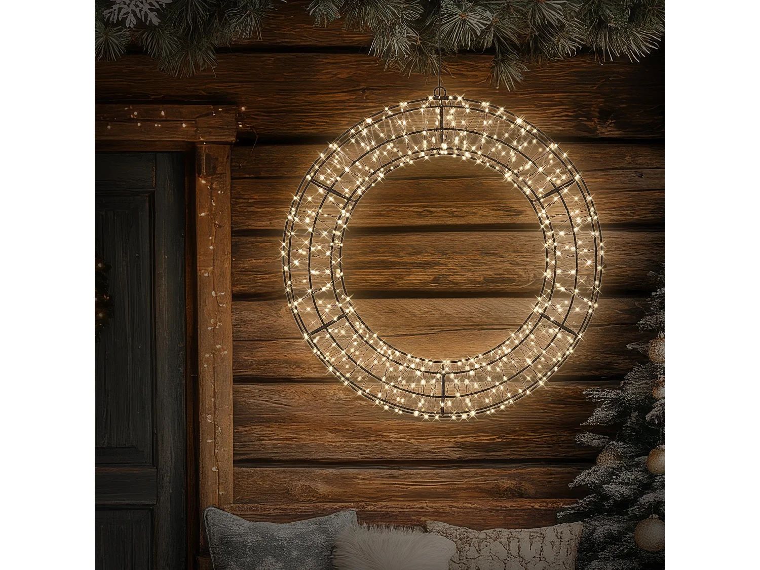 Couronne lumineuse de Noël LED Ø 58 cm décoration suspendue, anneau lumineux en métal, 840 LED blanc chaud, minuterie, íntérieur et extérieur, IP44