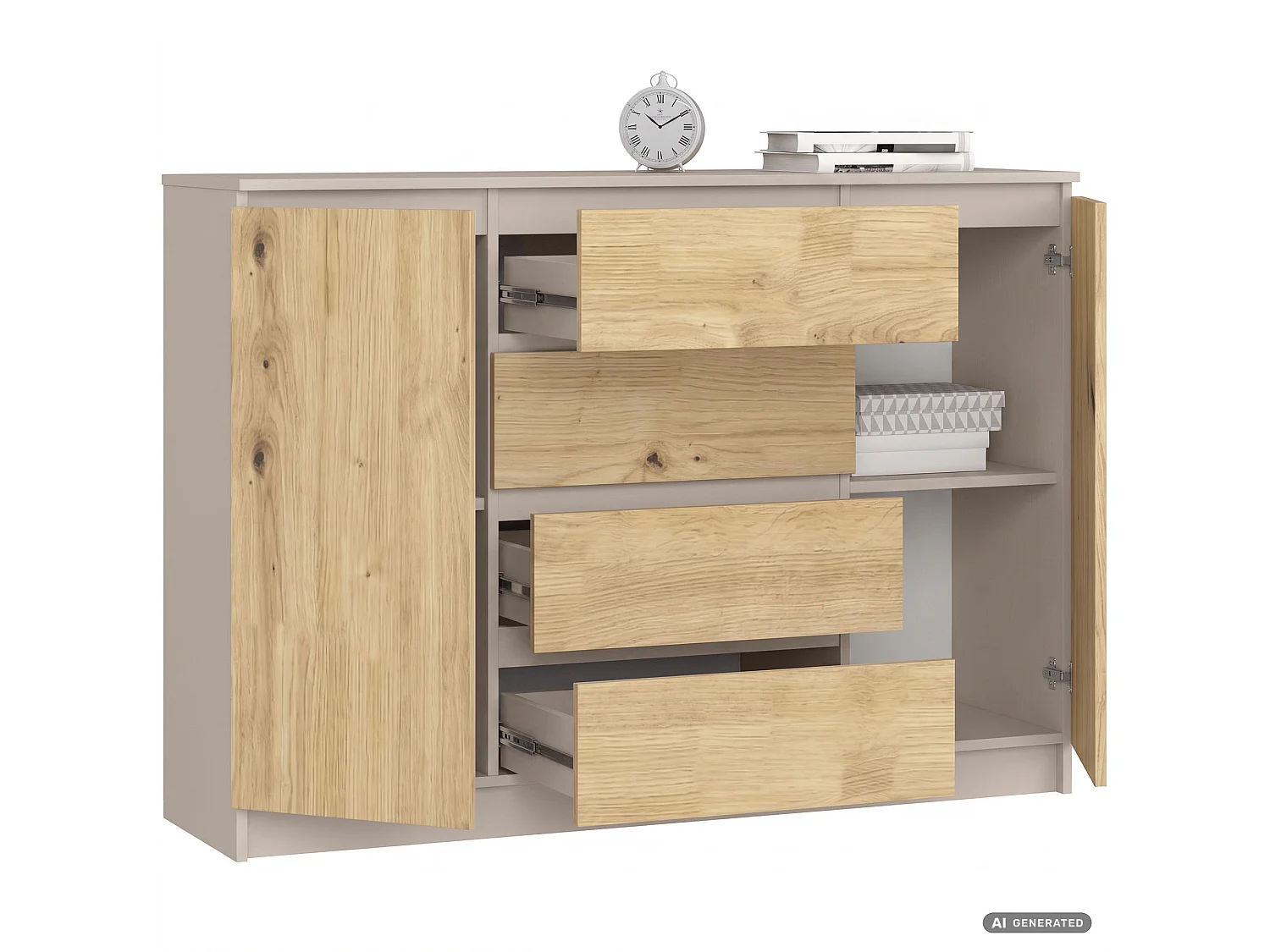 Ladekast K140 / Kasjmier / 138 cm / 2 Deuren / 4 Lades / Kleur Artisan Eiken Mat / 4 Planken / 138 x 40 x 99 cm
