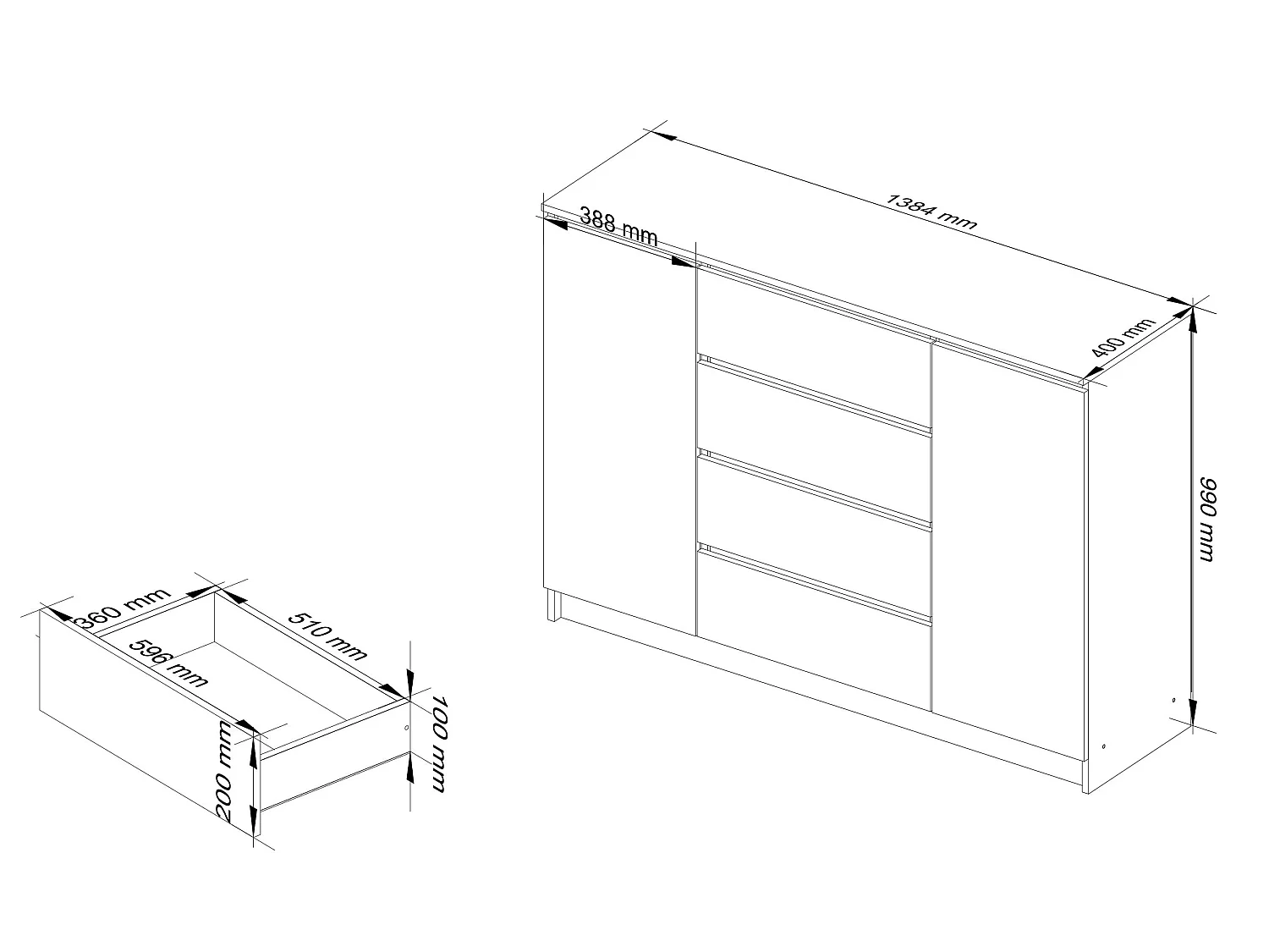 Ladekast K140 / Kasjmier / 138 cm / 2 Deuren / 4 Lades / Kleur Artisan Eiken Mat / 4 Planken / 138 x 40 x 99 cm