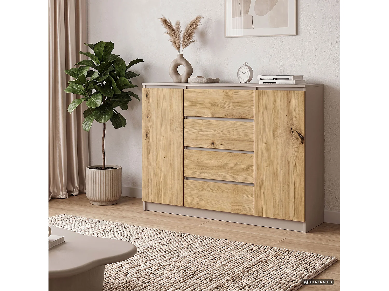 Ladekast K140 / Kasjmier / 138 cm / 2 Deuren / 4 Lades / Kleur Artisan Eiken Mat / 4 Planken / 138 x 40 x 99 cm
