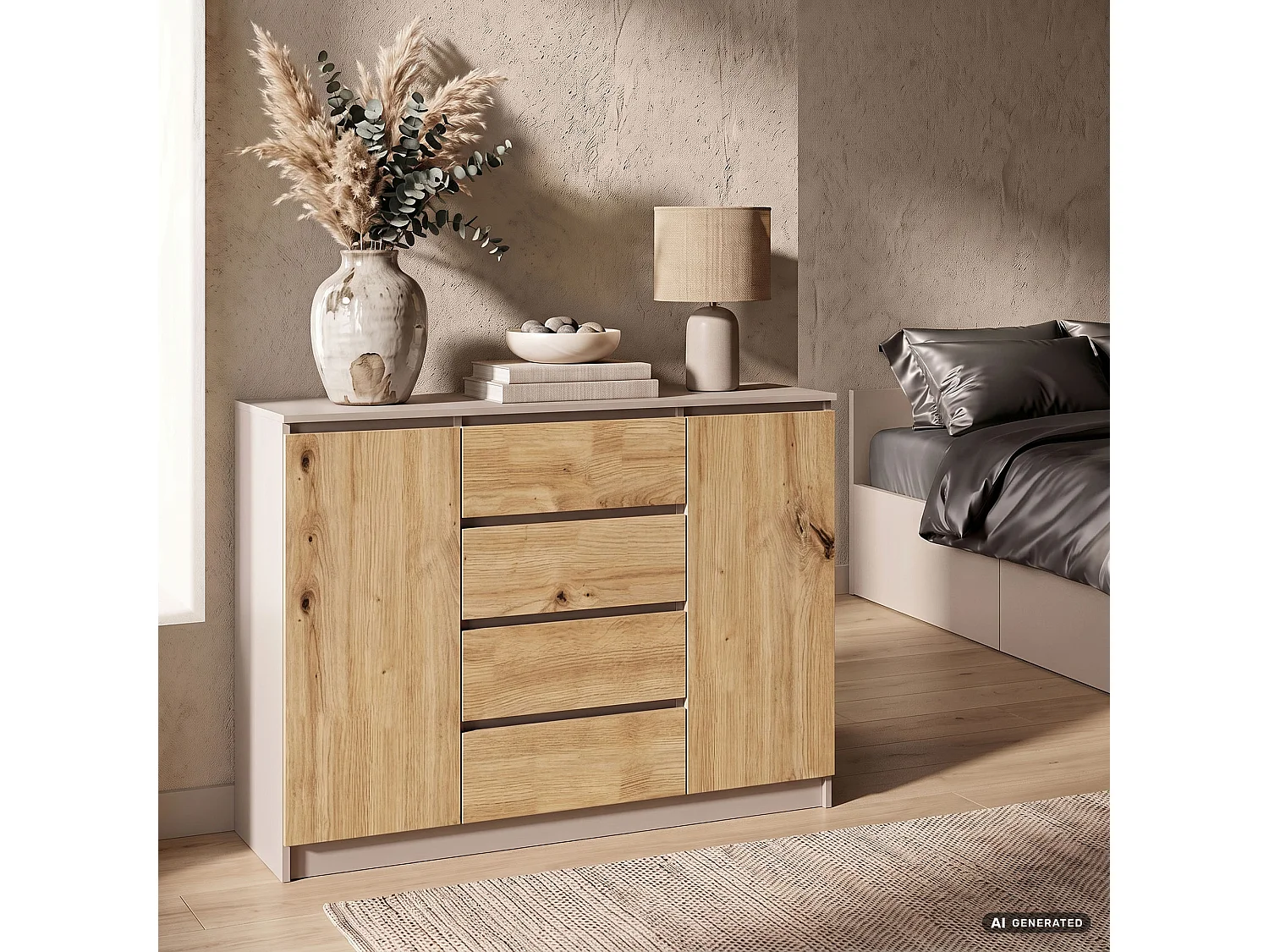 Ladekast K140 / Kasjmier / 138 cm / 2 Deuren / 4 Lades / Kleur Artisan Eiken Mat / 4 Planken / 138 x 40 x 99 cm