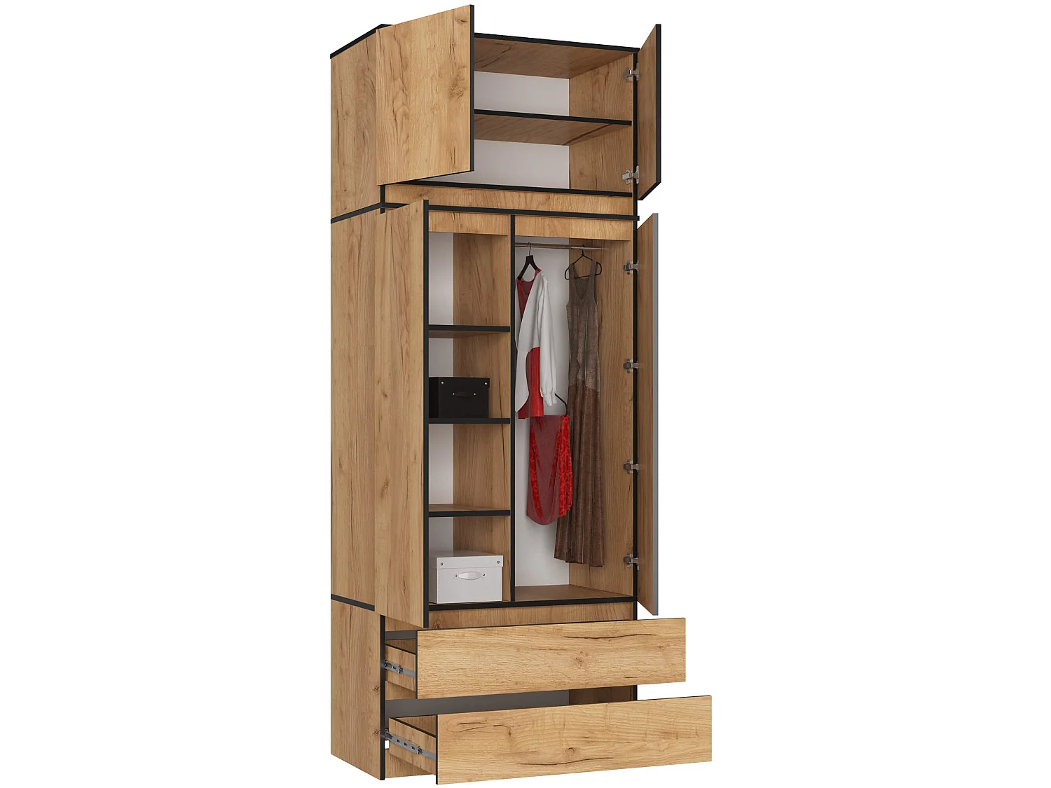 Kledingkast S90 met Opzetkast / Craft Eiken / 90 cm / 2 Deuren / 2 Laden / 90 x 51 x 234 cm