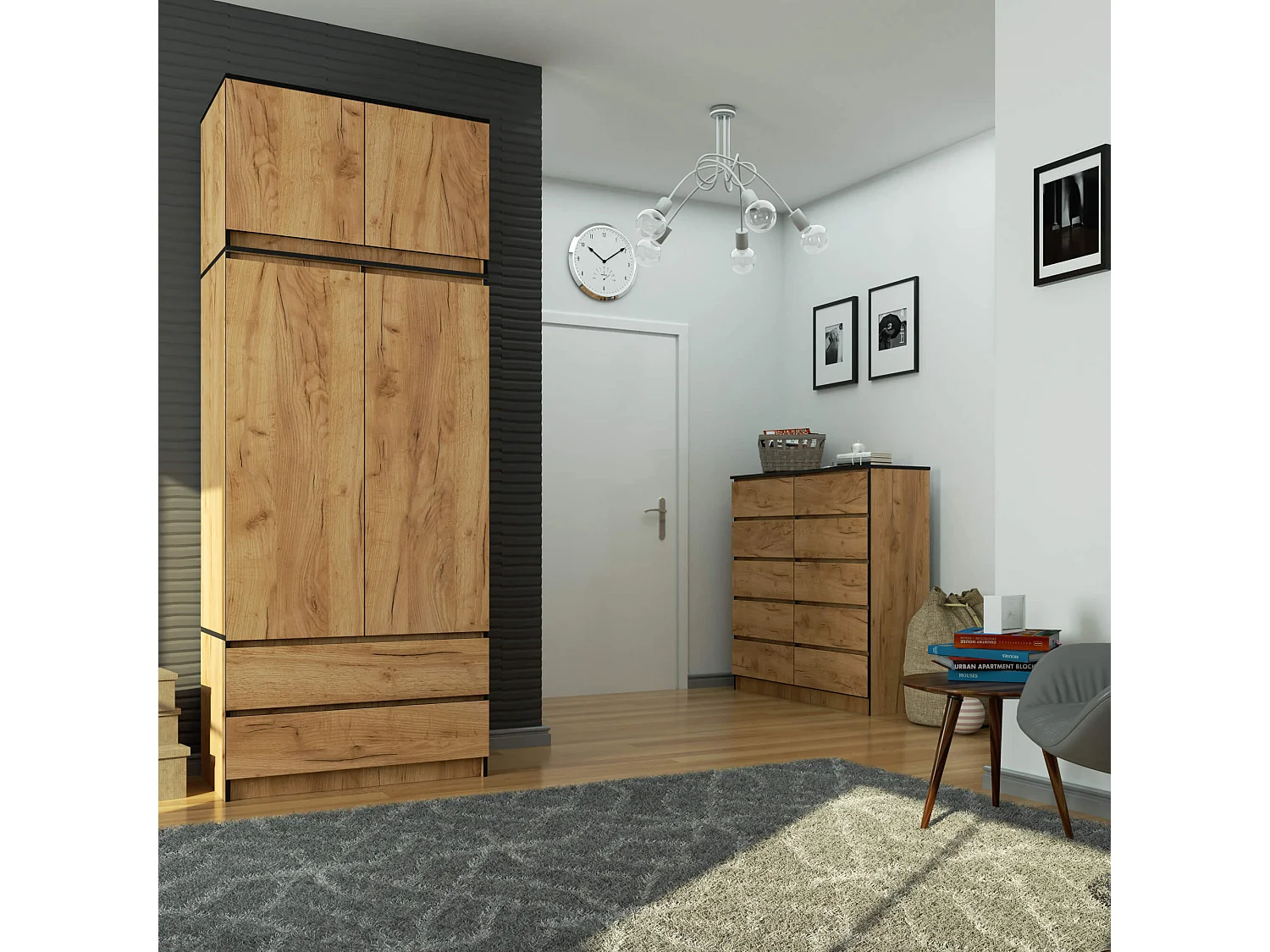 Kledingkast S90 met Opzetkast / Craft Eiken / 90 cm / 2 Deuren / 2 Laden / 90 x 51 x 234 cm