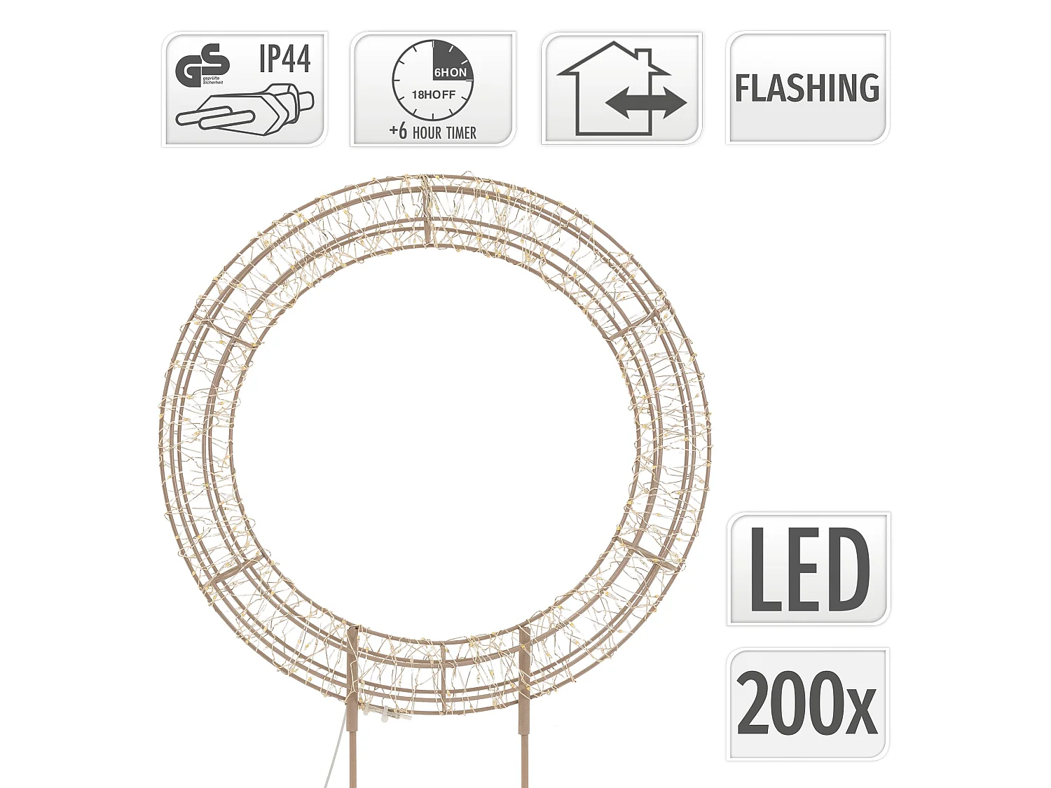 Couronne lumineuse sur pied 200 LED blanc chaud H 41,5 cm, décoration de Noël, anneau avec socle, cercle à poser, intérieur et extérieur, avec câble