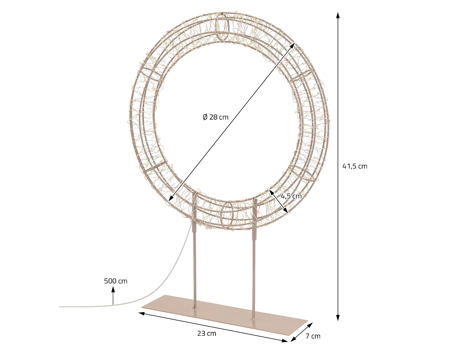 Couronne lumineuse sur pied 200 LED blanc chaud H 41,5 cm, décoration de Noël, anneau avec socle, cercle à poser, intérieur et extérieur, avec câble