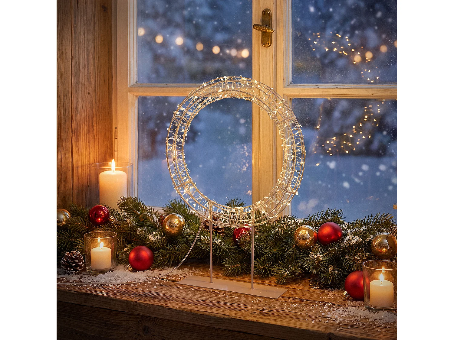 Couronne lumineuse sur pied 200 LED blanc chaud H 41,5 cm, décoration de Noël, anneau avec socle, cercle à poser, intérieur et extérieur, avec câble