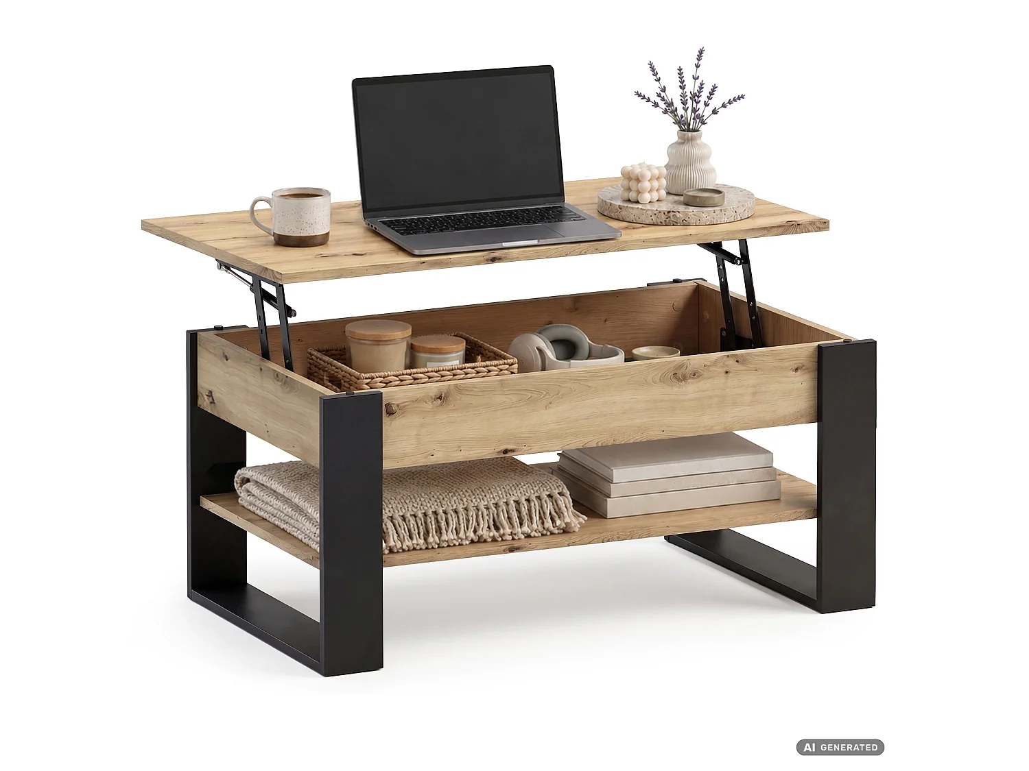 Salontafel DENVER / Artisan Eiken / 92 cm / Liftbaar Tafelblad / Opbergvak / Zwarte Poten / 92 x 52 x 45 cm
