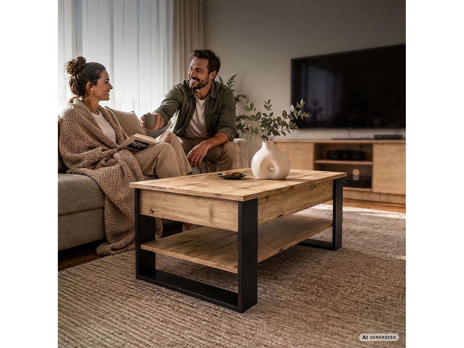 Salontafel DENVER / Artisan Eiken / 92 cm / Liftbaar Tafelblad / Opbergvak / Zwarte Poten / 92 x 52 x 45 cm