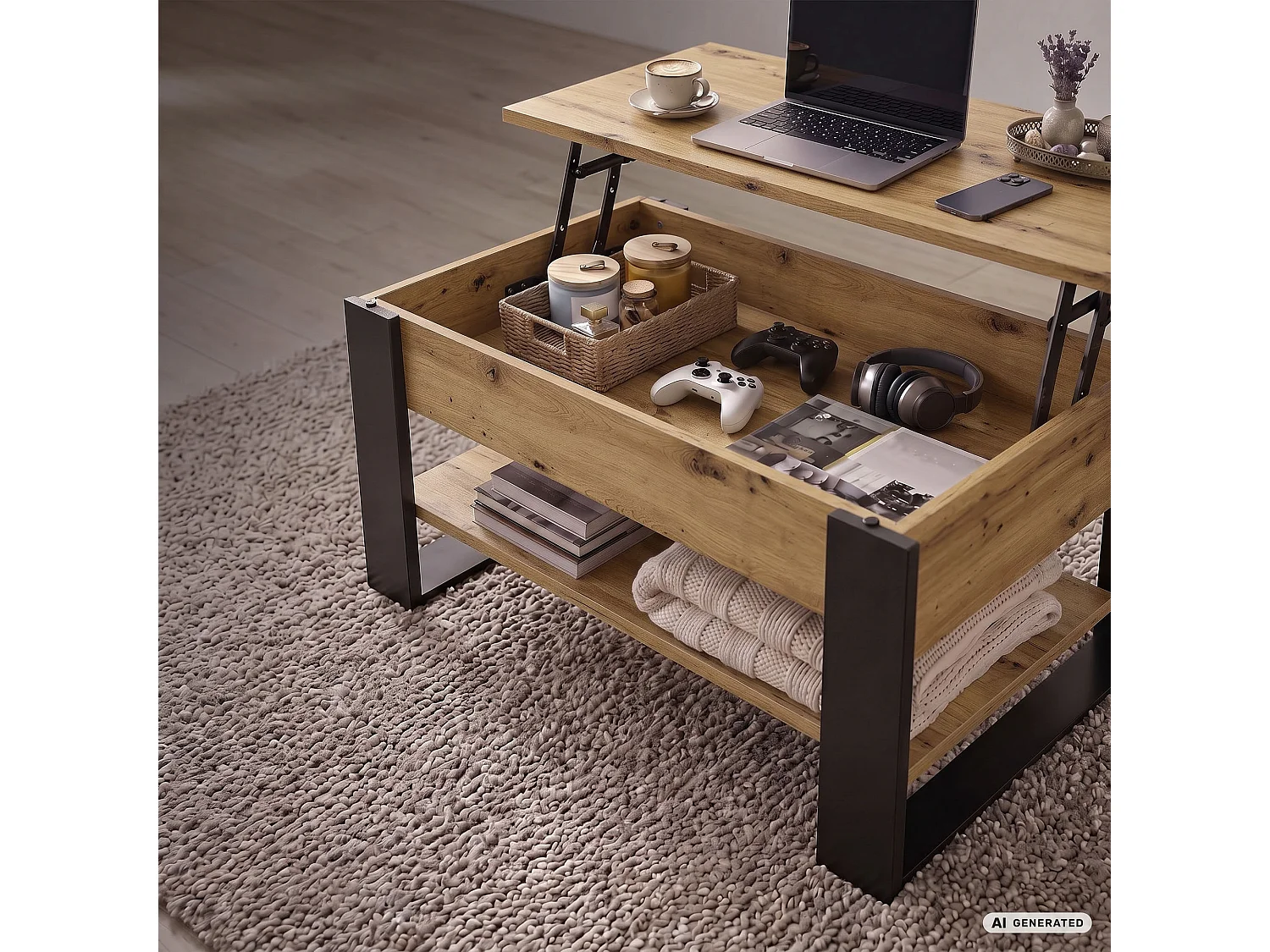 Salontafel DENVER / Artisan Eiken / 92 cm / Liftbaar Tafelblad / Opbergvak / Zwarte Poten / 92 x 52 x 45 cm