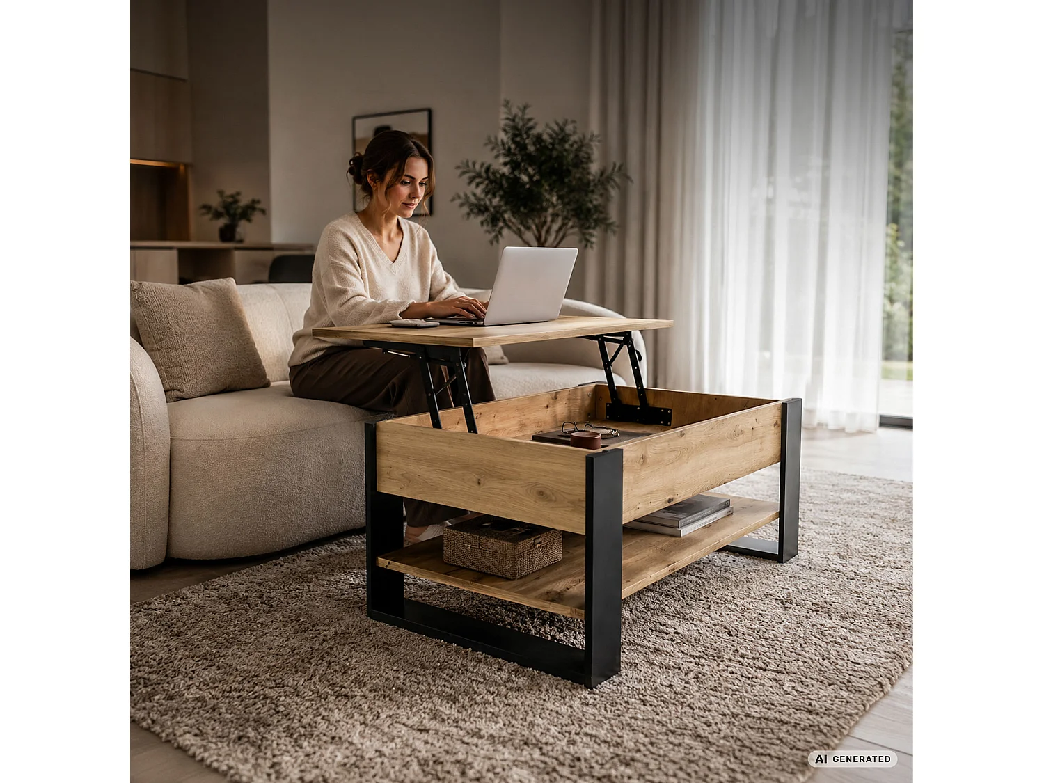 Salontafel DENVER / Artisan Eiken / 92 cm / Liftbaar Tafelblad / Opbergvak / Zwarte Poten / 92 x 52 x 45 cm