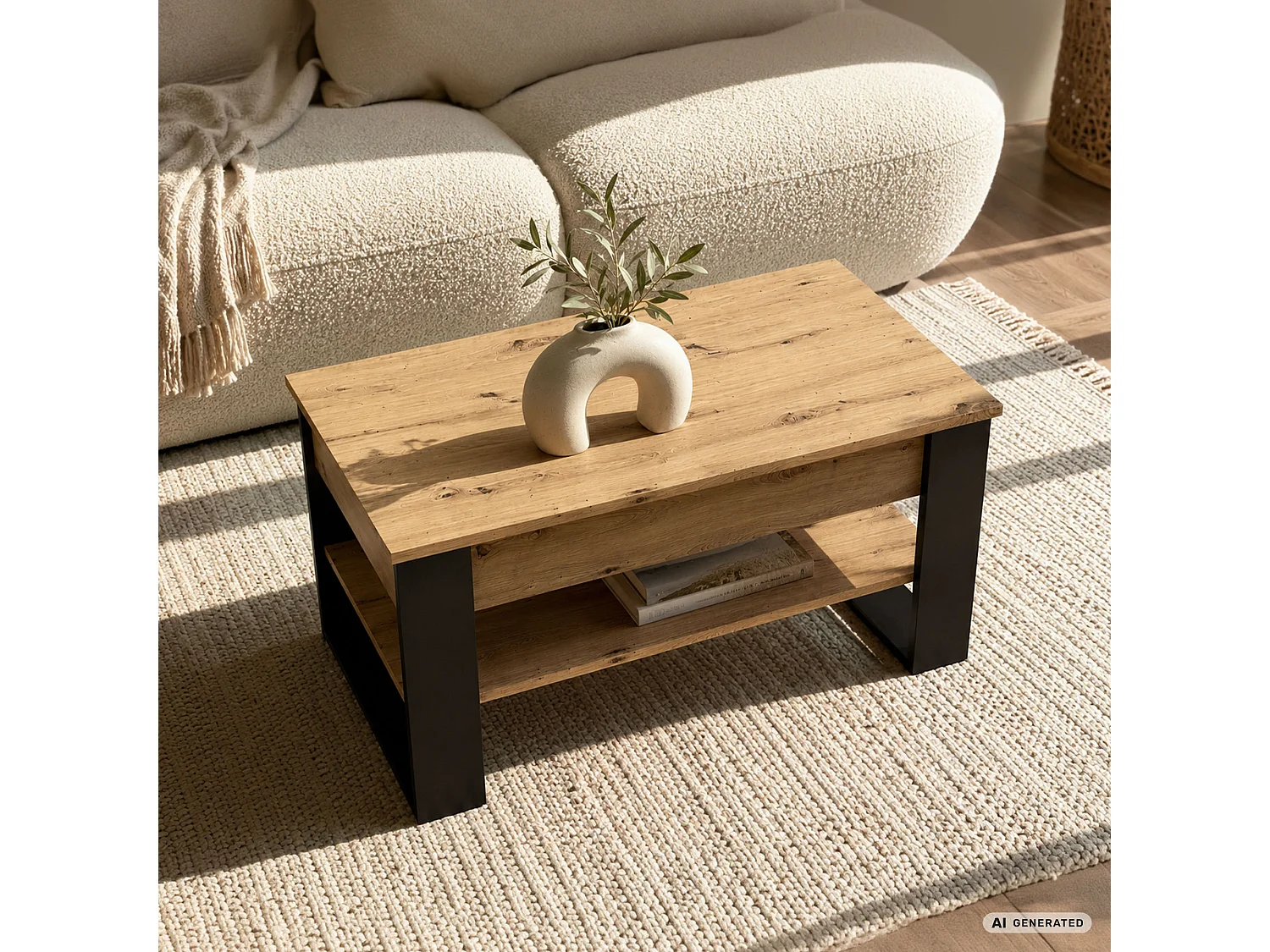Salontafel DENVER / Artisan Eiken / 92 cm / Liftbaar Tafelblad / Opbergvak / Zwarte Poten / 92 x 52 x 45 cm