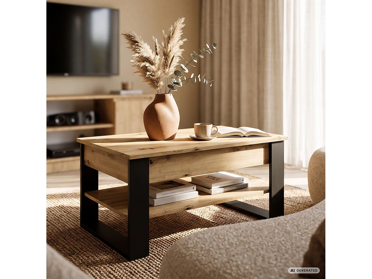 Salontafel DENVER / Artisan Eiken / 92 cm / Liftbaar Tafelblad / Opbergvak / Zwarte Poten / 92 x 52 x 45 cm