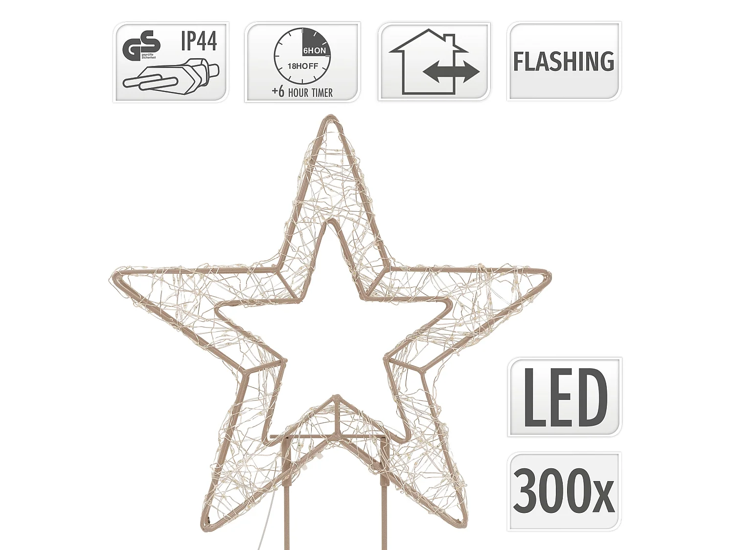 Décoration de Noël, étoile lumineuse sur pied 48,5 cm, 300 LED lumière blanc chaud, silhouette décorative à poser, intérieur et extérieur, minuterie