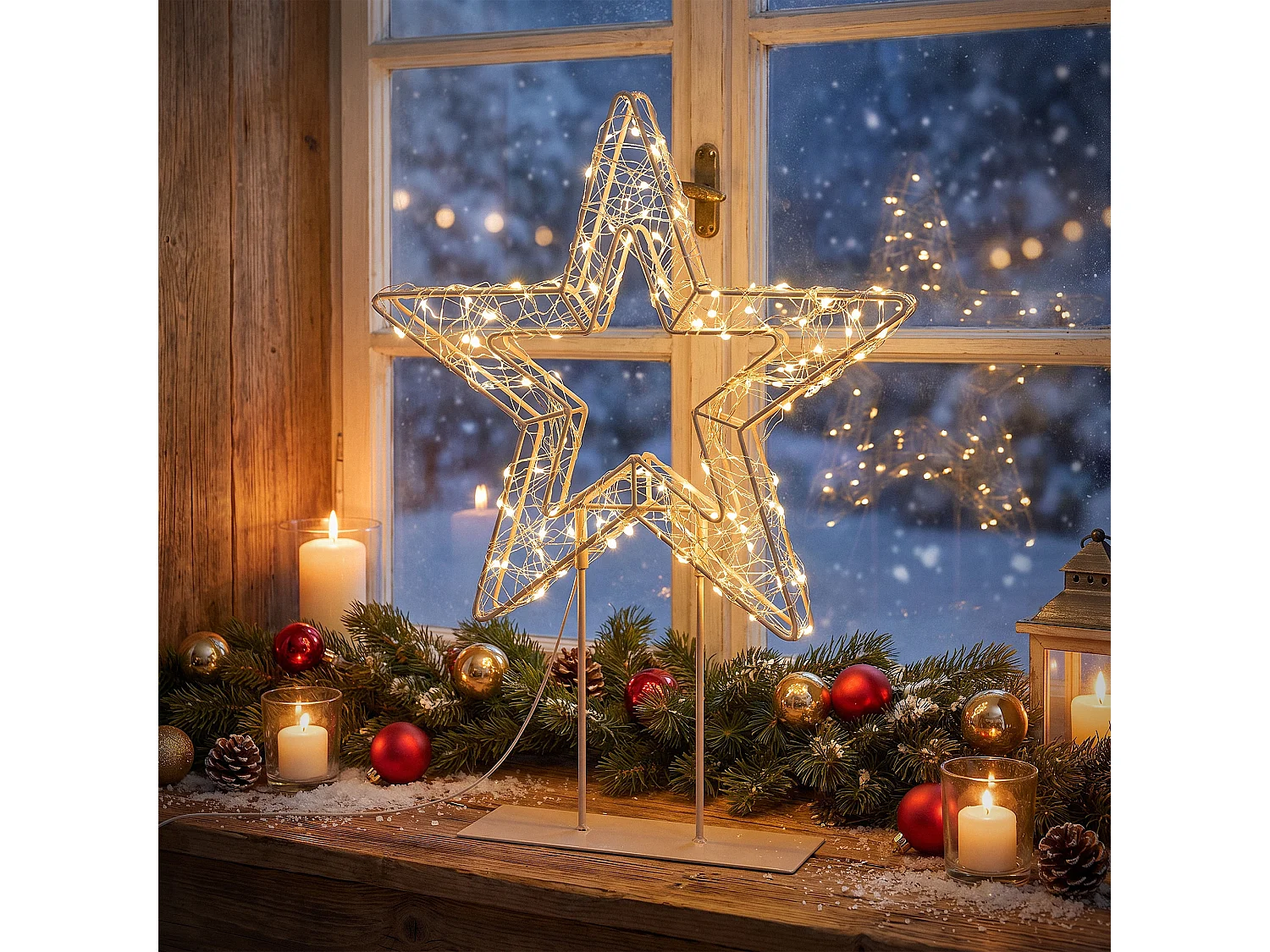 Décoration de Noël, étoile lumineuse sur pied 48,5 cm, 300 LED lumière blanc chaud, silhouette décorative à poser, intérieur et extérieur, minuterie