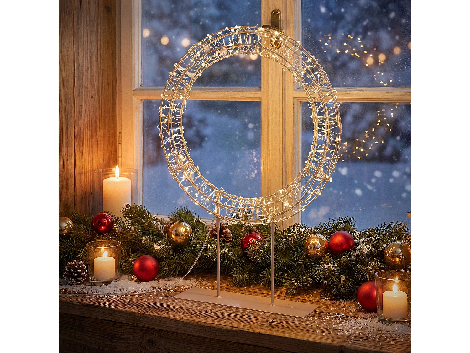 Couronne lumineuse sur pied 300 LED blanc chaud H 53 cm, décoration de Noël, anneau avec socle, cercle à poser, intérieur et extérieur, avec câble
