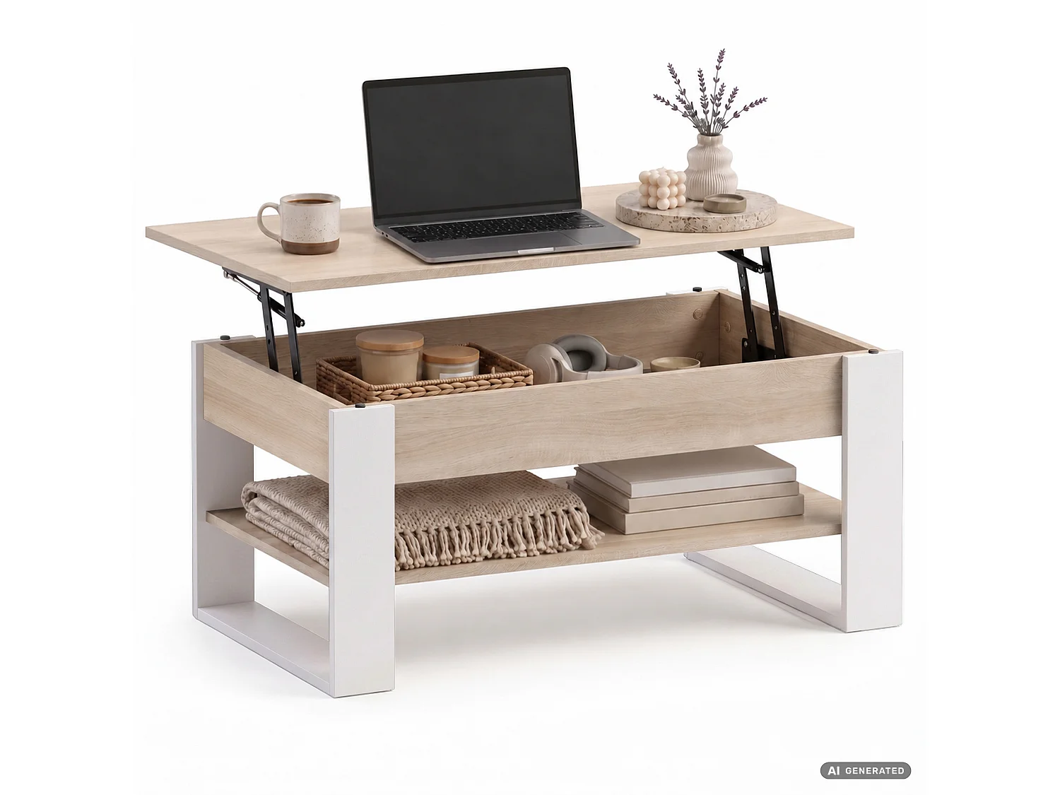 Tavolino da caffè con piano sollevabile DENVER 92 cm rettangolare con ripiano Rovere Sonoma gambe bianche