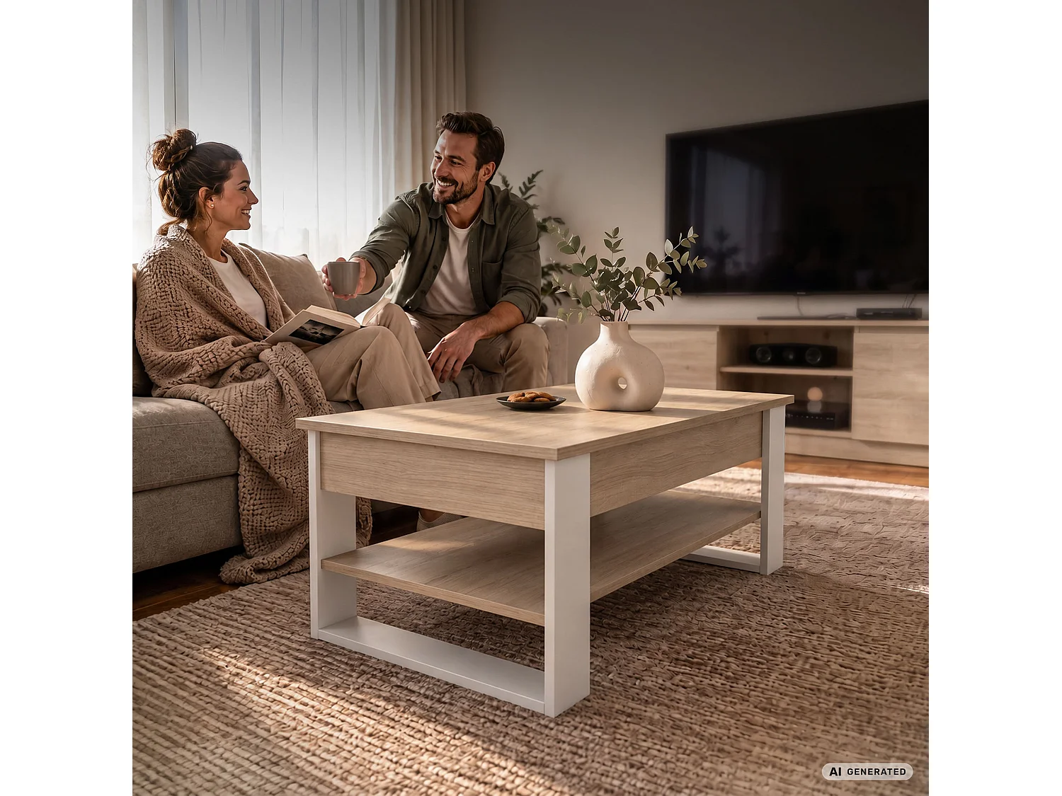 Tavolino da caffè con piano sollevabile DENVER 92 cm rettangolare con ripiano Rovere Sonoma gambe bianche