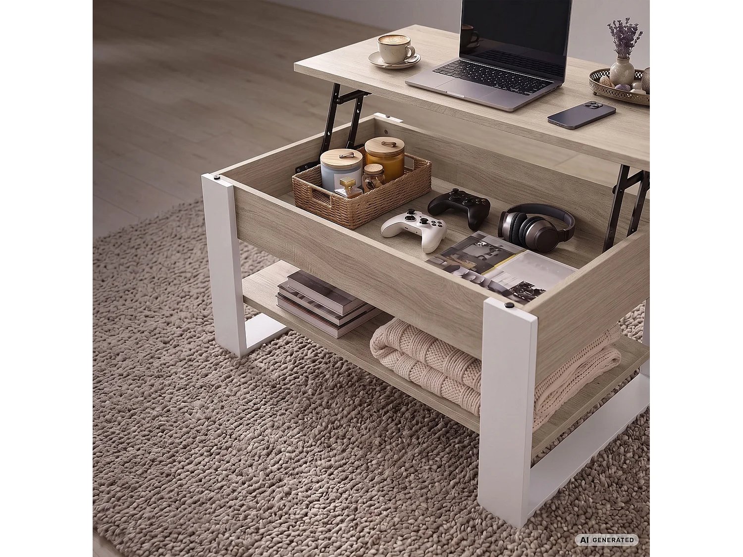 Tavolino da caffè con piano sollevabile DENVER 92 cm rettangolare con ripiano Rovere Sonoma gambe bianche