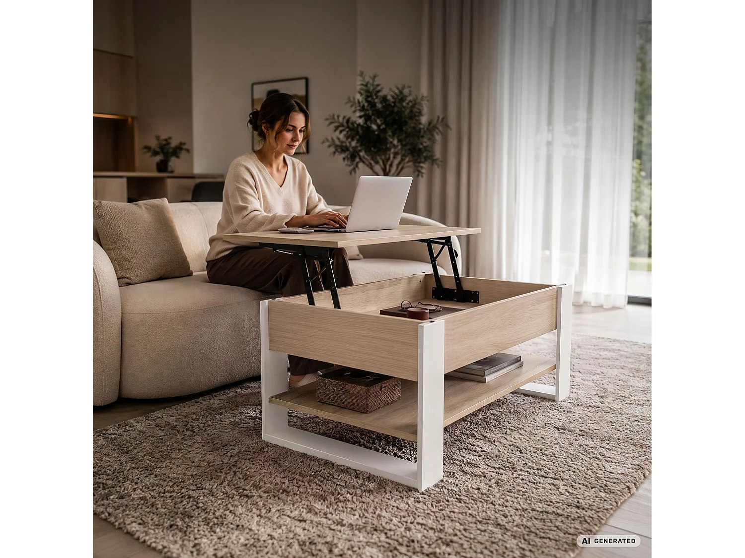 Tavolino da caffè con piano sollevabile DENVER 92 cm rettangolare con ripiano Rovere Sonoma gambe bianche