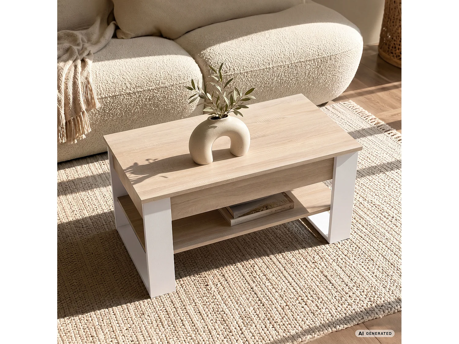 Tavolino da caffè con piano sollevabile DENVER 92 cm rettangolare con ripiano Rovere Sonoma gambe bianche