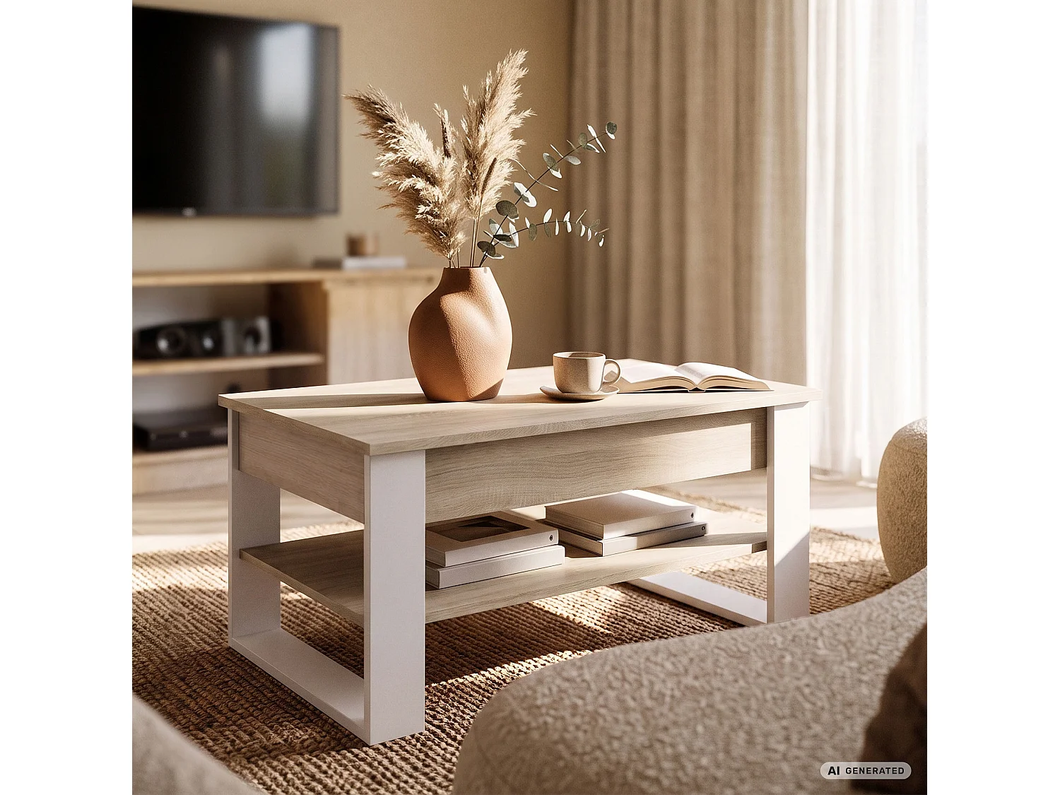 Tavolino da caffè con piano sollevabile DENVER 92 cm rettangolare con ripiano Rovere Sonoma gambe bianche
