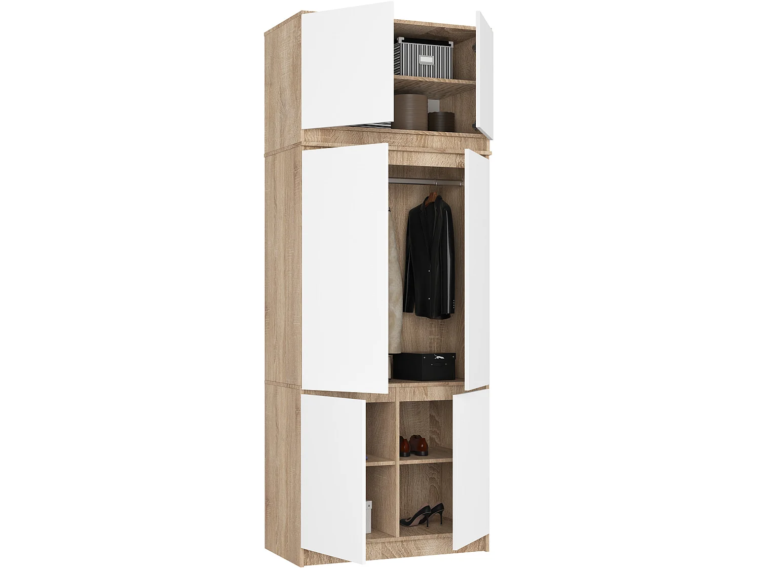 Kledingkast S90 met Opzetkast / Sonoma Eiken / Front Wit / 90 cm / 6 Deuren / 90 x 51 x 235 cm